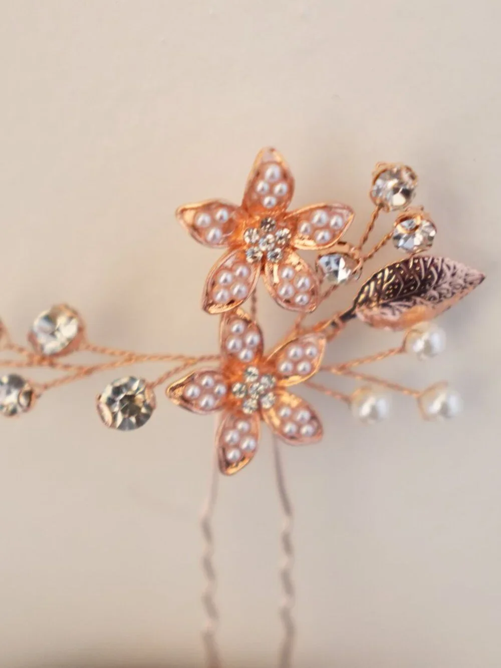 Set of 3 Rose Gold Floral Bridal Hair Pins Rhinestone Pearl Wedding Hair Accesso